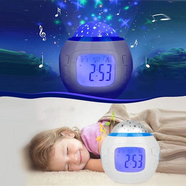 LED-stjärnprojektionsväckarklocka digital snooze-klocka nattljusklocka med kalendertermometer snooze-funktion för barn (FMY)