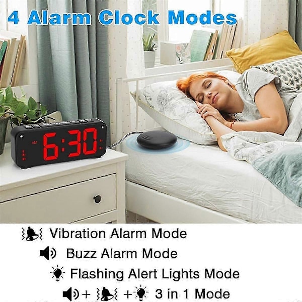 Hög Larmklocka för Tunga Sovare Vuxna, Dubbel Larmklocka med Sängskakare, för Sovrum, 6.5-tums Display med Dimmer (FMY) As Shown