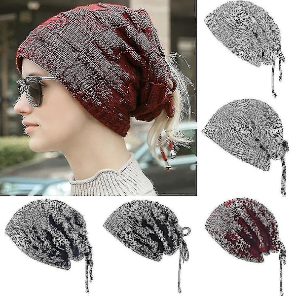 Kvinners Slouch Beanie Lace Up Bun Hestehale Hat Vinter Baggy Skull Cap Varm Casual Balaclava Ski Snø Caps  (FMY) Wine Red