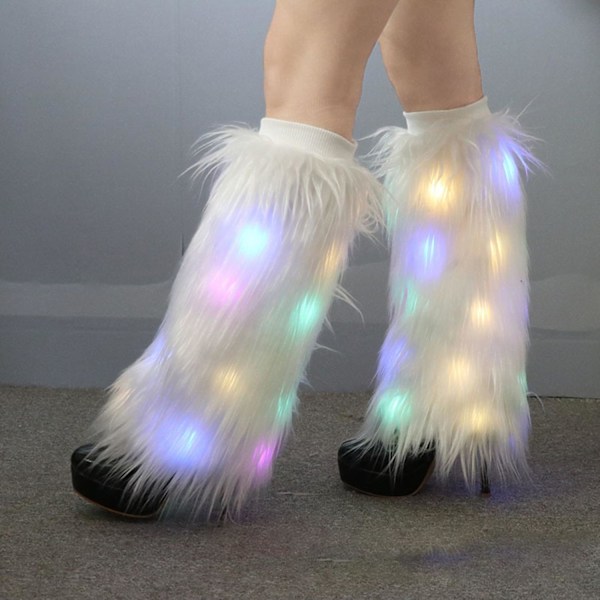 1 Par Dam Benvärmare med LED-Ljus, Fuskpäls, Vinter, Höst, Plush Elastiska Benöverdrag (FMY) White 30cm