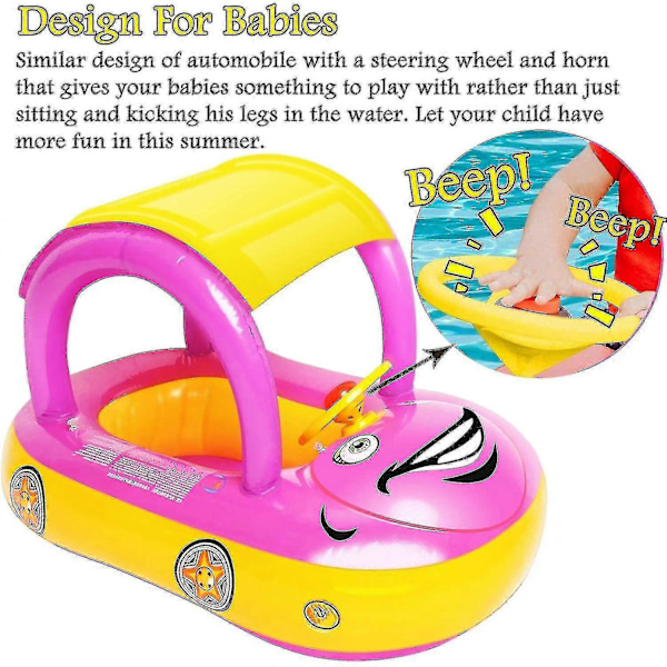 Uppblåsbar Babypool Float med Tak, Bilformad Badfloat Båt för Spädbarn Småbarn Barn (FMY) Pink
