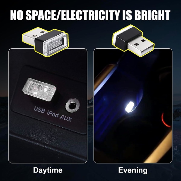 4 st USB Led bil interiöratmosfärslampa, Portabel Mini Led Nattljus, Plug-in USB Interface Trunk Ambient Lighting Kit (vit) (FMY)