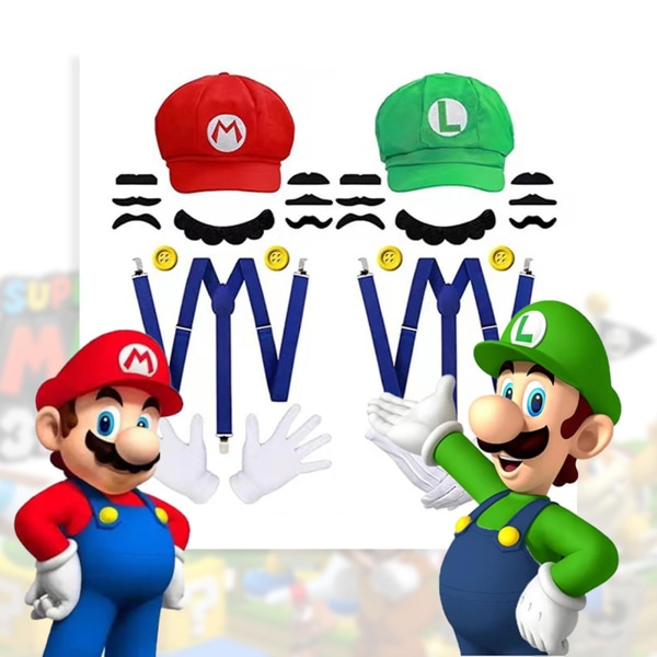 Super Mario Bros Cosplay Rekvisitter Dome Bomuldskasketter Handsker Overskæg med Suspender Halloween Party Cosplay Rekvisit (FMY) Red Hat   Green Hat