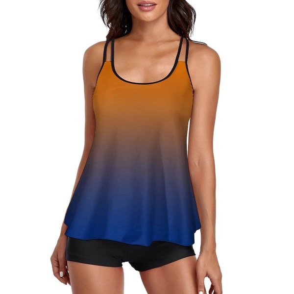 Flowy Tankini badedrakt for kvinner, magekontrollert badedrakt i to deler, tanktopp med shorts, oransje gradient S (FMY)