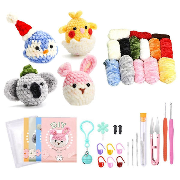 Komplette Heklekitt for Begynnere, DIY Pingvin, Kanin, Kylling, Wombat Kit med Strikke Markører Chenille Ball, Instruksjoner (FMY)