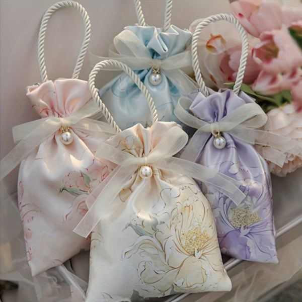 10-pak Blomstrede Snorposer til Slik - Smuk Chambray Polyesterstof med Perle- og Båndpynt - Perfekt til Bryllupper, Baby (FMY) Pink