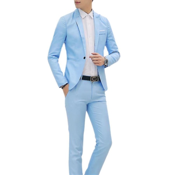Mænd Business Formel 2-delt Tuxedo Suit Blazer Jakke + Bukser Sæt (FMY) Sky Blue XL