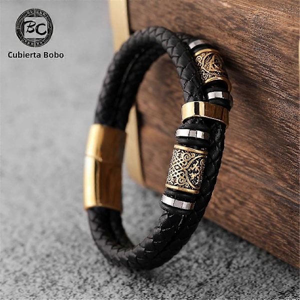 Äkta läderarmband för vikingastilsmän med flertrådiga band och nordiska smycken i rostfritt stål, present för par (FMY) V1339 21cm