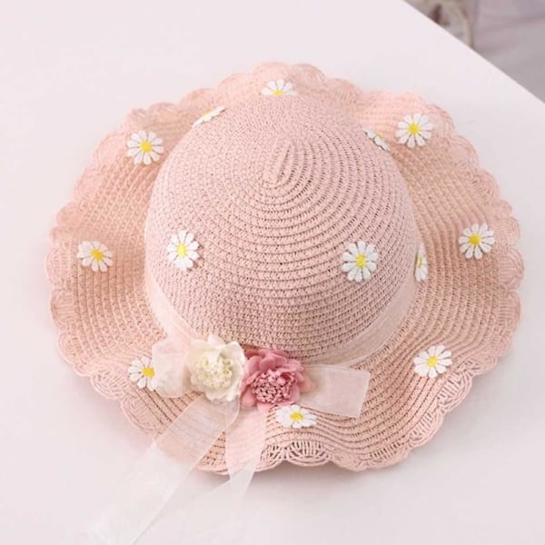 Mdchen Daisy Sonnenhut Strohhut mit Schulter Strohtasche Set Sommer Blume Strandhut Welle Weit Sonnenschutzhut Beanie Mtze fr Kinder Kleinkind Baby