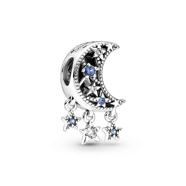 Pandora Sterling Silver Galaxy Blue & Star Murano,Star & Crescent Moon Charm For for Womens Birthday Gift Bracelet DIY Jewelry  (FMY)