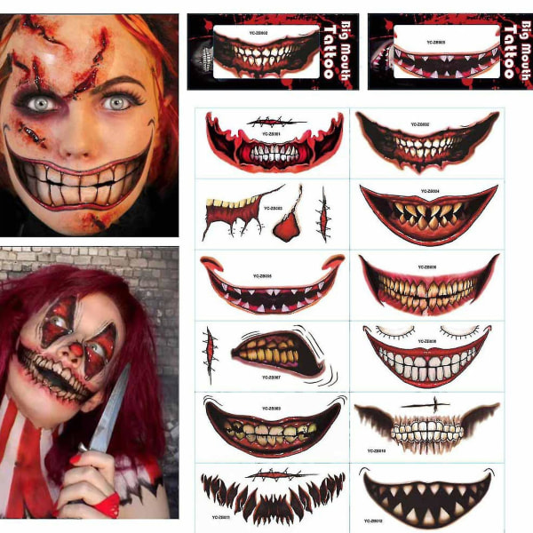 12 stk Halloween Mouth Temporary Tatoo Stickers Skremmende klovne vanntette tatoveringer-klistremerke Ansiktssminke Party Cosplay (FMY)