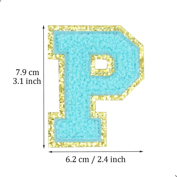 Engelska bokstaven P Stryk på reparationslappar Alfabetsömnad Applikationer Klädmärken, med guldglitterkant, självhäftande baksida Stickerblue Ppblue (FMY)