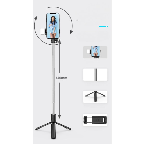 Vikbar trådlös selfiesticka med justerbar fyllningslampa Portable (FMY)