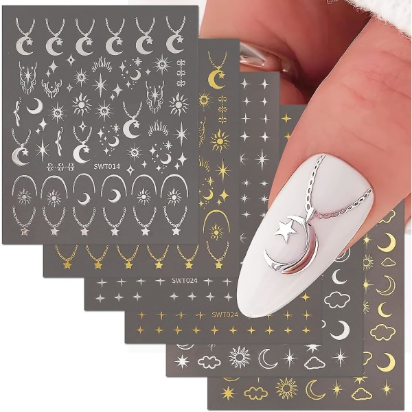6 ark selvklebende neglekunstklistremerker Star Moon Sun Gull Sølvfoliedekaler (FMY)
