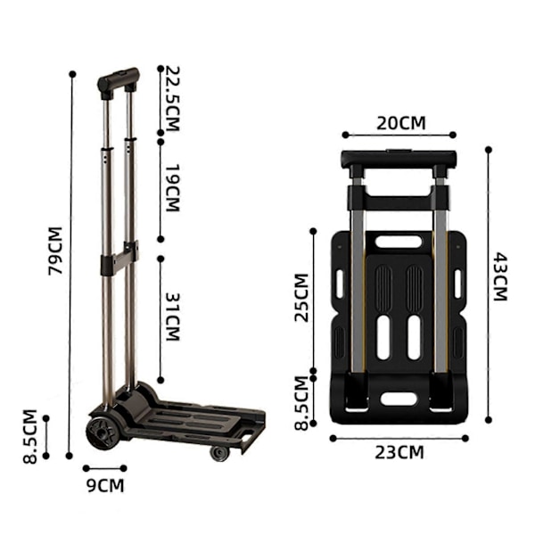 Sammenklappelig sækkevogn med hjul, 50 kg lastekapacitet, rustfri, korrosionsbestandig, sammenklappelig trolley, bærbar dolly, bagagevogn (FMY) Yellow