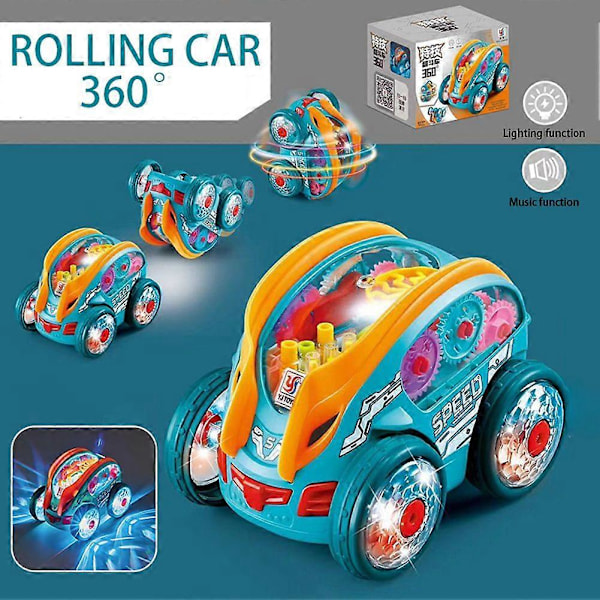 Läpinäkyvä vaihteistoauto valoilla ja musiikilla - Valolla varustettu ryömintälelu lapsille pojille ja tytöille, Bump & Go -kilpa-auto liikkuvilla vaihteilla (FMY) 388 68