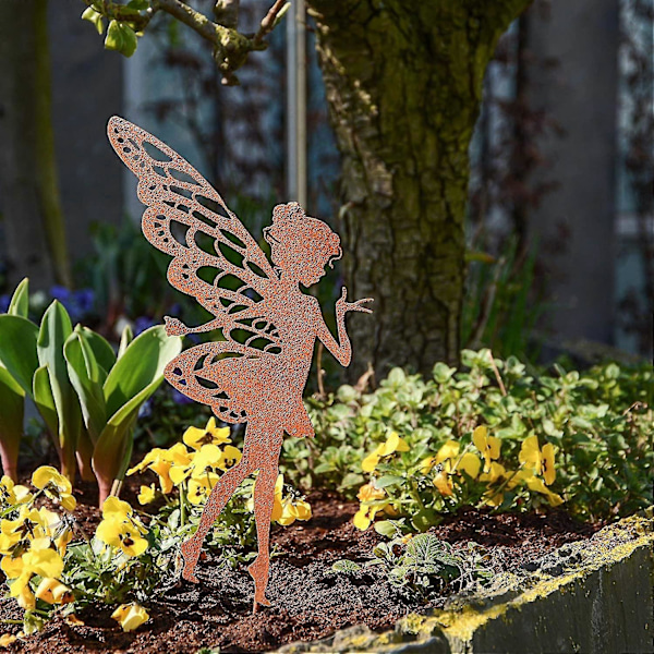 Rusten metal fe statuette, havespyd, alf på pind, 27x18cm (medium) blomsterdekoration (FMY)