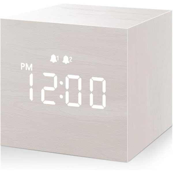 SCSYV Digital väckarklocka, med trä-LED-display, dubbla larm, 2,5-tums kubisk liten mini-klocka i trä för sovrummet (FMY) White