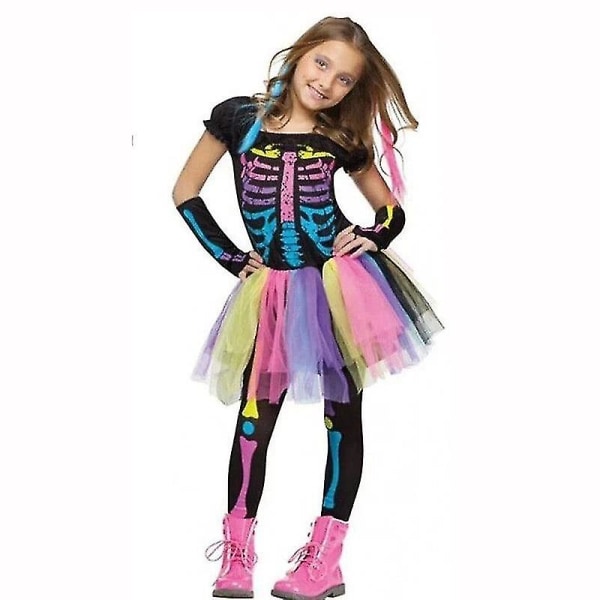 Girls Colorful Skeleton Party Dress Halloween Costume  (FMY)