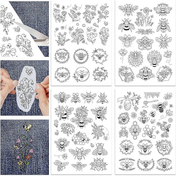 4 Sheets Flower and Bees Pattern Water Soluble Embroidery Hand Sewing Stabilizers for Fabric Stitch Practice Embroidery Stickers Wash Away S  (FMY)