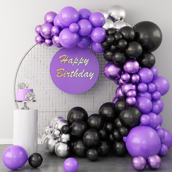 Purple Balloon Garland Kit, 112 kpl musta purppura metallihopea ilmapallokaarisarjat, 5 10 12 18 tuuman lateksiilmapallot valmistumiseen (FMY)