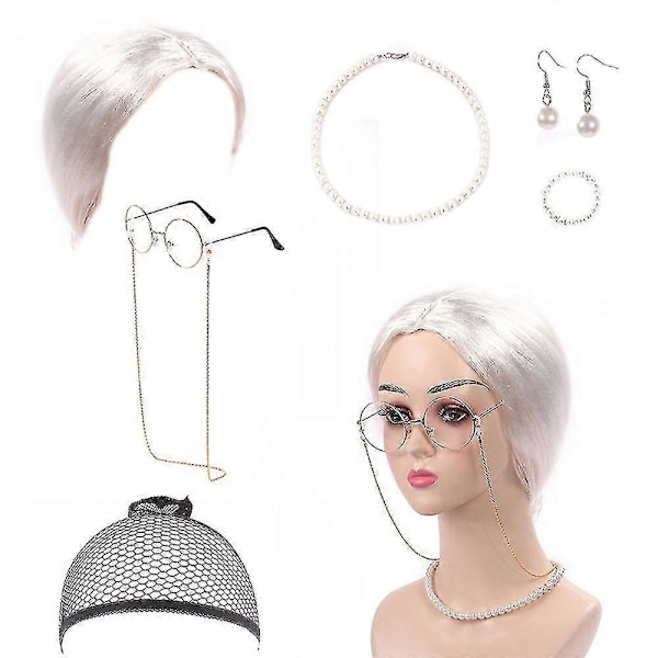 Mummo Vanha Nainen Pukeutumissetti - 7 osaa - Halloween-asu aikuisille ja lapsille (FMY) Light Gray Afro