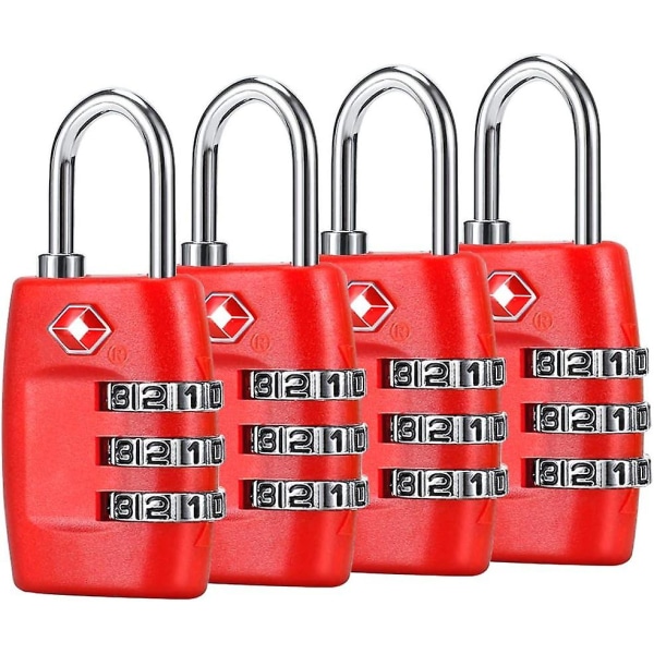 Bagagelås (4pack) - 3-siffriga kombinationshänglås - Godkänt reselås för resväskor och bagage (rött) (FMY)
