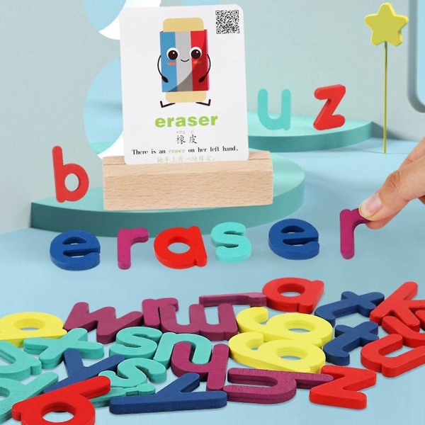 Wood Toddler Stavning Lärande leksak Matchande alfabetet ordspel med 100 olika ord på 50 tvåsidiga kognitiva kort (FMY)