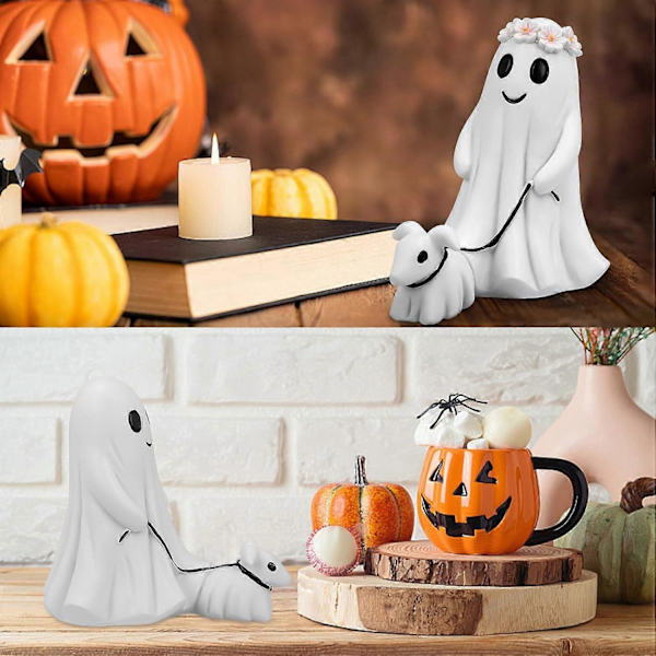 Spøkelsesvandrende Hundestatue, Halloween Spøkelse som Går med Hunden sin Halloween Spøkelseshundstatuer Skummel Spøkelseshund Halloween Figur Hjemmedekor (FMY) A b