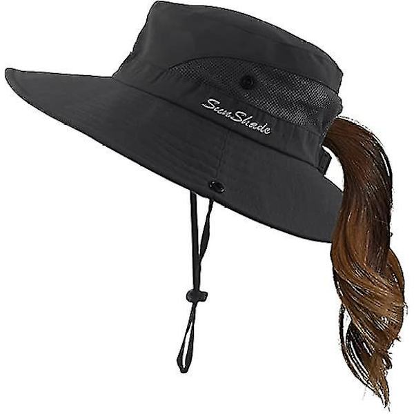 Dam sommar solhatt bred brätte utomhus UV-skydd hatt hopfällbar hästsvans hink keps för strand fiske vandring  (FMY) Black