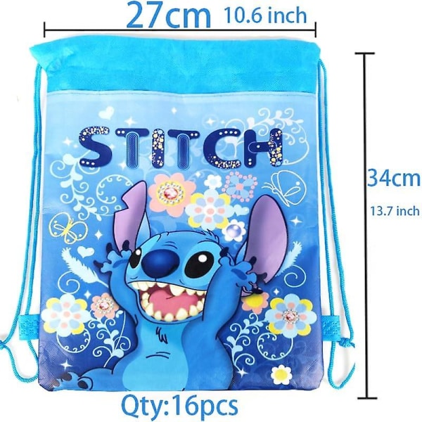 16 Pack Lilo Stitch Gift Bags Boys Kids Themed Birthday Kindergarten Party Favors Storage Drawstring Backpack  (FMY)