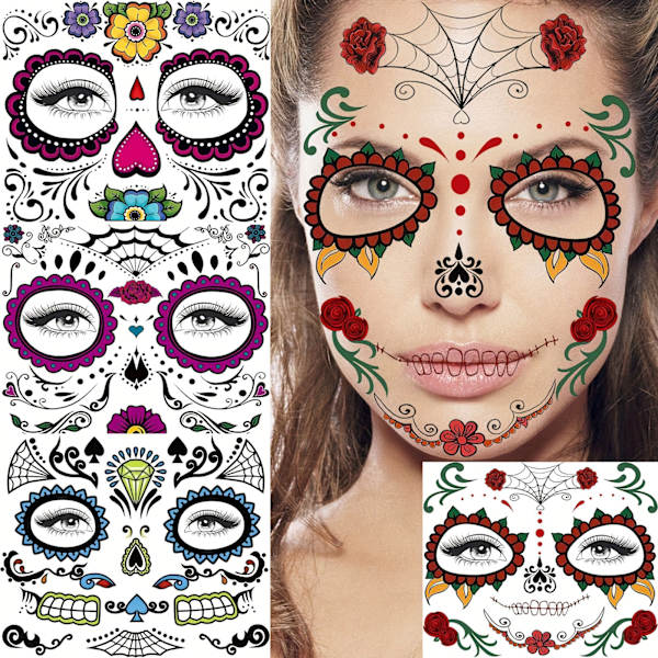 Levande Dödskalle Ansikts Tatueringar - Hållbara, Vattentäta och Återanvändbara för Vuxna - Perfekt för Halloween, Dia de los Muertos (FMY) 4 Sheets In One Package