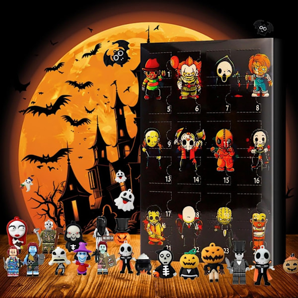 Slumpmässigt Halloween-Adventskalender 2024, Halloween Horrorfilmfigurer Adventskalender, Halloween Nedräkningskalender med 24 överraskningar (FMY) black