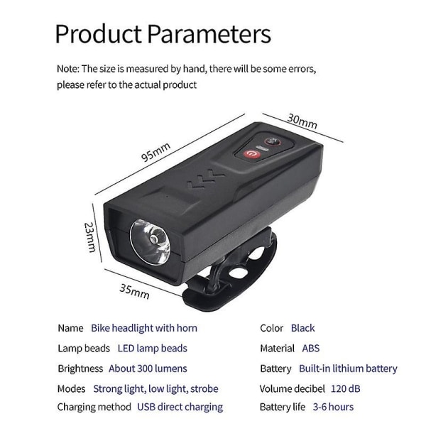 1 stk Horn sykkel frontlys 3 moduser belysning USB oppladbar sykkellys innebygd 800mah batteri for nattkjøring  (FMY)