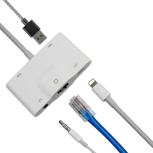 Lightning till Rj45 Ethernet Lan trådbunden nätverksadapter 5 i 1 USB Otg Lan Rj45 Ethernet 3,5 mm höghastighetsomvandlare (FMY)