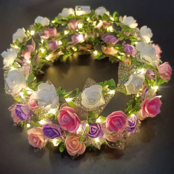 LED Blomsterkrans Hårbånd til Kvinder, 12-pak - Plastik Lysende Blomsterkranse, Girlander til Jul, Halloween, Bryllupper, Fødselsdage, Fest (FMY) 12 Pcs Mixed Color