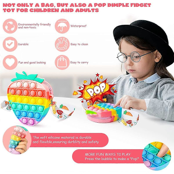 Pop Bag, 2 i 1 Push Pop Bubble Handväskor, Fidget Leksak Crossbody Väska, Regnbåge Silikon Sensoriska Leksaker Messenger Väska (Jordgubbe)(FMY)