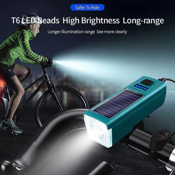 Solar Cykel Strålkastare USB Uppladdningsbar Cykel Horn Light 4 Mode Night Ride Lighting Cykling Front Light (FMY)