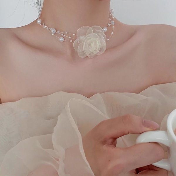 Temperament Halsband Flower Pearl Fairy Halsband Mode Choker Halsband Personliga smycken, vit 32+7cm (FMY)