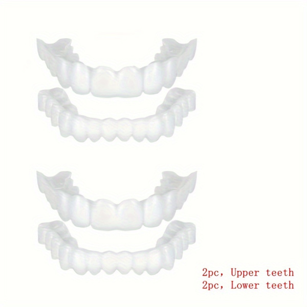 4-delars ComfortFlex Vita Simulerade Proteser med Fanér - Övre och Nedre Tänder Protesvård för Män och Kvinnor - Flexibla, Bekväma, (FMY) White 2pc upper teeth + 2pc lower teeth