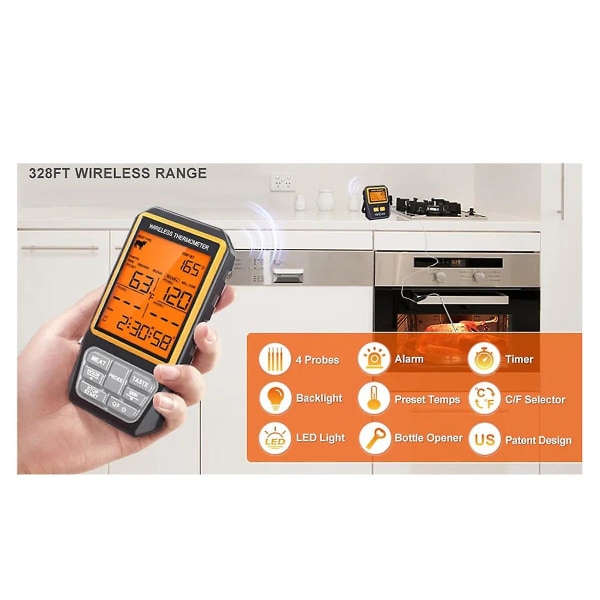 328ft Trådlös Kötttermometer för Grillning Rökare BBQ Ugn Digital Mat Kökstermometer med 4 Sondes Timer Alarm (FMY)