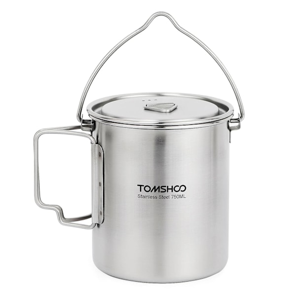 750ml Rostfri Stålkastrull Portabel Vattenmugg Kopp med Lock och Vikbart Handtag Utomhus Camping Matlagning