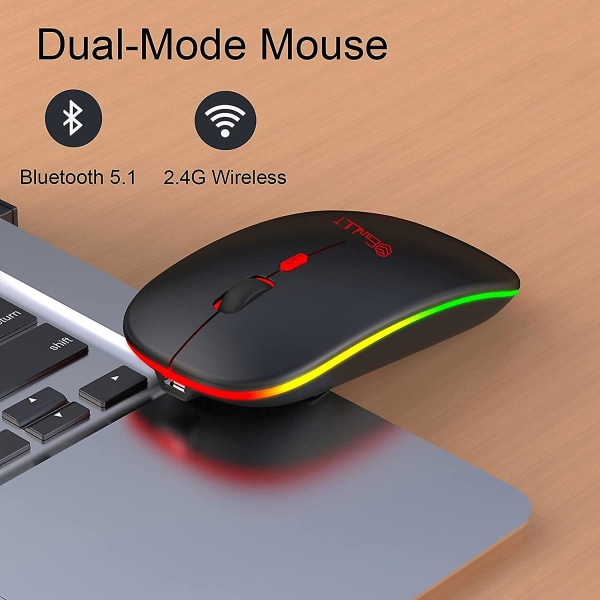 Trådlös mus, 2,4 g uppladdningsbar tyst Bluetooth mus, två lägen (bt 5,1+2,4 g trådlös), Dpi 800/1200/1600 justerbar, med USB kabel, trådlös mus