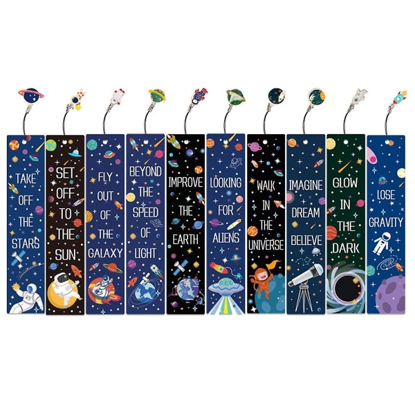 10 stk Romskip-temabokmerker med metallsmykker Planetfarge Inspirerende sitatkort for barn Gutter Jenter (FMY)