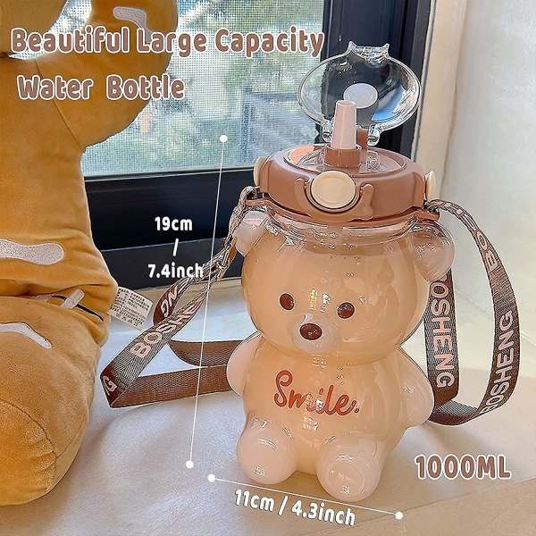 Bjørnevandflaske med sugerør, Kawaii-lækagesikker vandkande med justerbar skulderstrop til campingrejser (FMY) Brown 1400ml