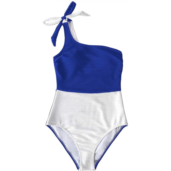 Naisten yksiosainen uimapuku, värillinen, yksi olkapää, Bowknot-uimapuku, sininen valkoinen, L (FMY)