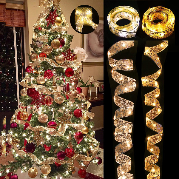 Ribbon Fairy Light juledekorasjon Juletrepynt til hjemmet 2023 Buer String Lights Navidad Natal nyttår 2024 (FMY) Gold-Warm-2M