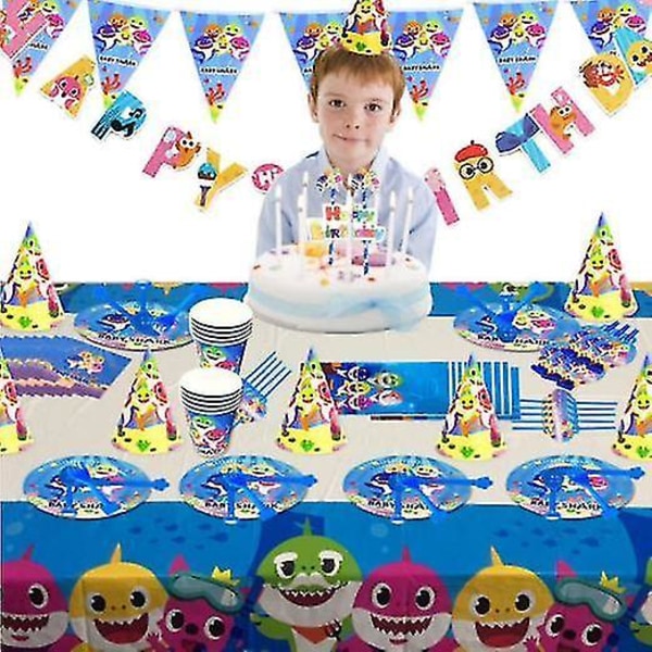 Sininen vauvahai syntymäpäiväjuhlat, joissa on pikselipeli, onnellinen syntymäpäiväbanneri, kakku, cosplay-juhlat, koristeet, pelit (FMY)