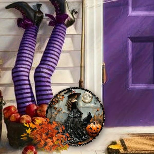 Halloween Gotisk Häxa Träskylt med Svart Katt, Vattentät Utomhus Inomhus Väggkonst för Hem, Kontor, Festdekoration, 7.87 tum, Förborrad, (FMY) 1pc