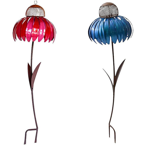 2 stk. Sensation Kornblomst Fuglefoder Outdoor Premium Stående Fuglefoder Metal Blomst Pæl Stativ (FMY) Red  Blue